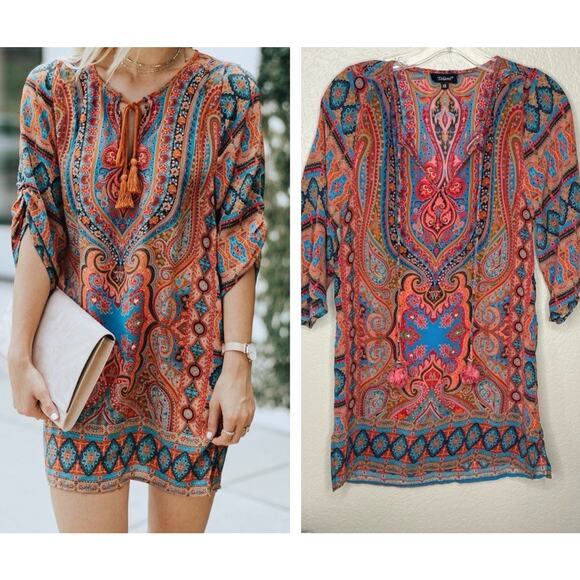 Tolani 100% Silk Paisley Boho Tunic Dress XS-S India Ethnic Print Top Blouse - Picture 1 of 7